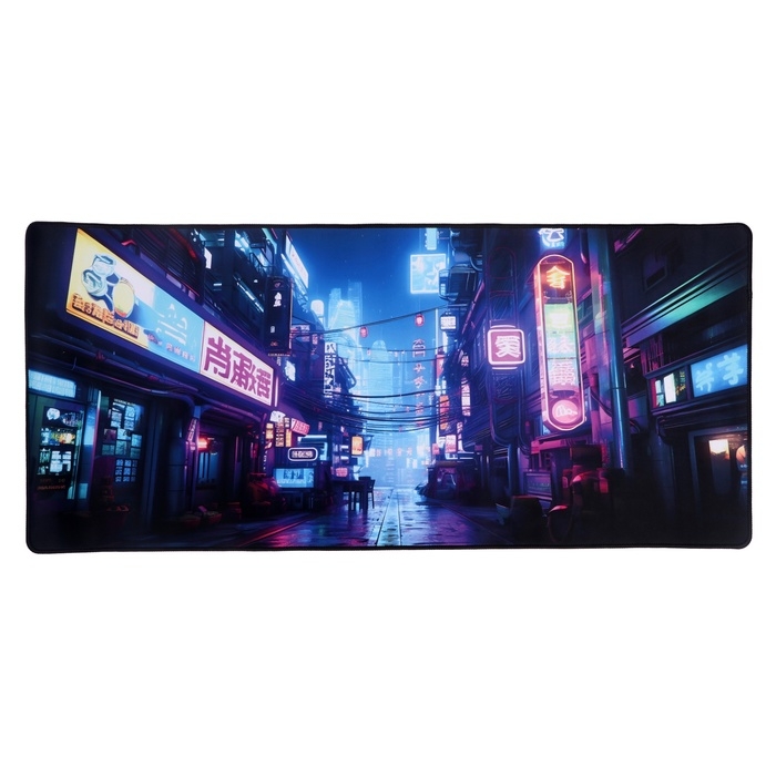 Коврик для мыши, 40х90х0.3 см, оверлок, город в стиле cyberpunk Коврик для мыши, 40х90х0.3 см, оверлок, город в стиле cyberpunk