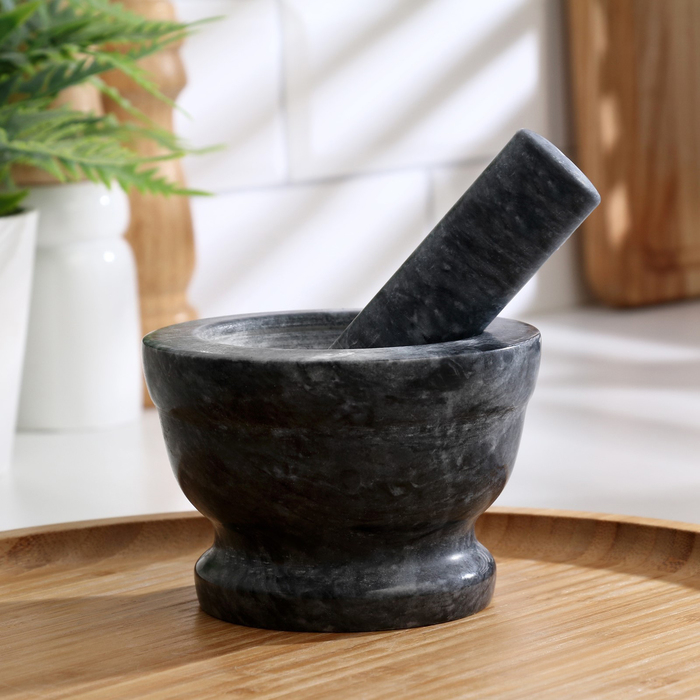Ступка с пестиком, большая, 130 мл, 10см, чёрный мрамор Ступка с пестиком, большая, 130 мл, 10см, чёрный мрамор