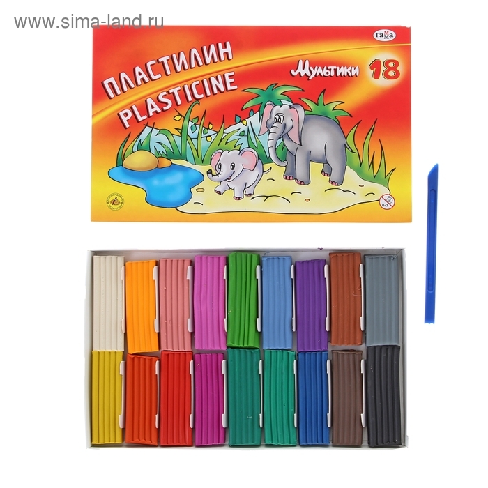 Пластилин 18 цветов 360 г, Пластилин 18 цветов 360 г, "Гамма" "Мультики", со стеком
