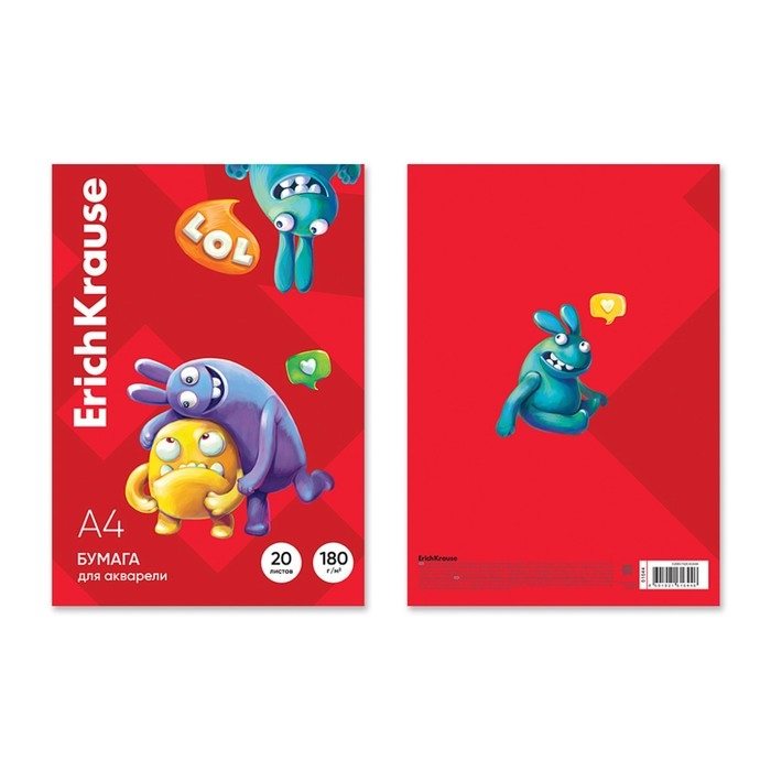 Бумага для акварели А4, 20 листов, ErichKrause Jolly Friends, блок 180 г/м², 100% белизна, в картонной папке Бумага для акварели А4, 20 листов, ErichKrause Jolly Friends, блок 180 г/м², 100% белизна, в картонной папке