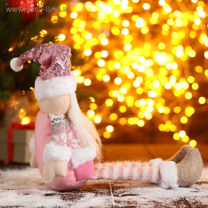 Мягкая игрушка Мягкая игрушка "Дед Мороз в розой шапочке-длинные ножки" 11х37см, бело-розовый