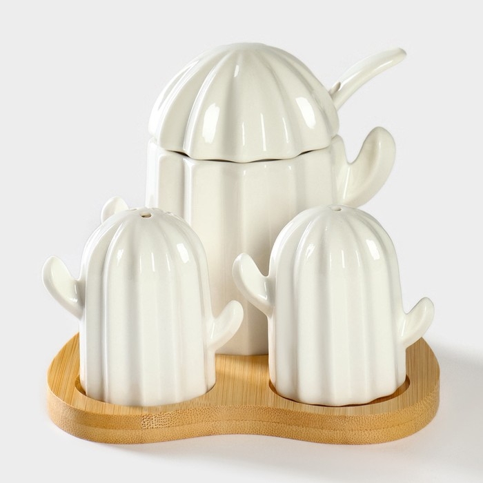 Набор фарфоровый для специй на подставке из бамбука BellaTenero «Кактусы», 12×12,5×10 см, цвет белый Набор фарфоровый для специй на подставке из бамбука BellaTenero «Кактусы», 12×12,5×10 см, цвет белый