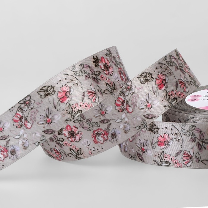 Лента атласная «Холодные цветы», 25 мм × 23 ± 1 м, цвет серый Лента атласная «Холодные цветы», 25 мм × 23 ± 1 м, цвет серый