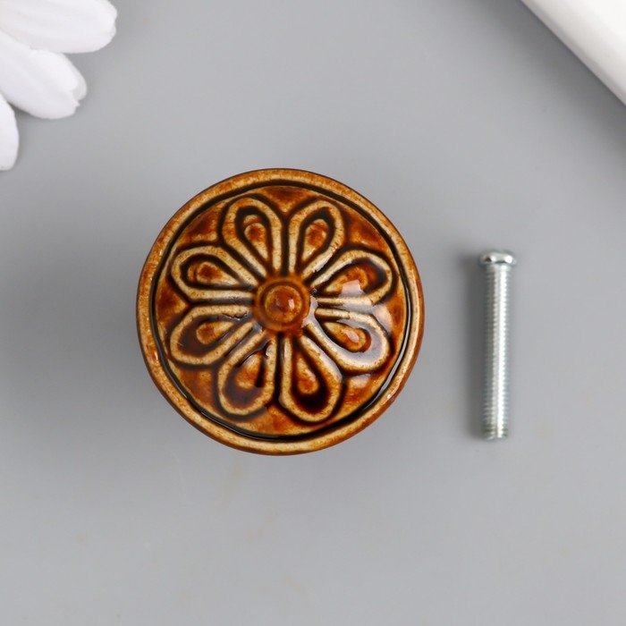 Ручка для шкатулки керамика, металл Ручка для шкатулки керамика, металл "Цветок" кофе 3,9х3,9х3,1 см