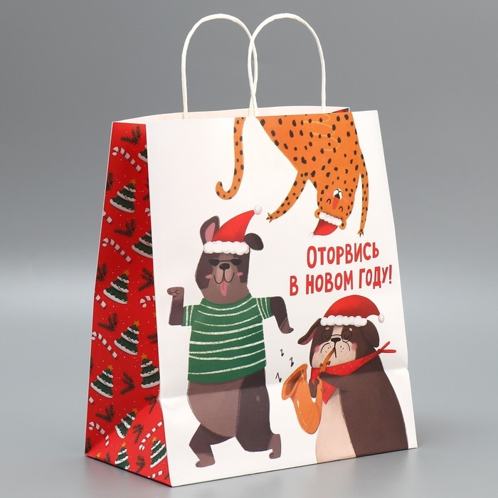 Пакет подарочный новогодний крафтовый «Оторвемся», 28 х 32 х 15 см, Новый год Пакет подарочный новогодний крафтовый «Оторвемся», 28 х 32 х 15 см, Новый год