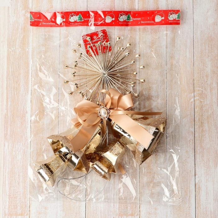 Украшение новогоднее  Украшение новогоднее "Уютная сказка" колокольчики лучики бант, 15х47 см, золото