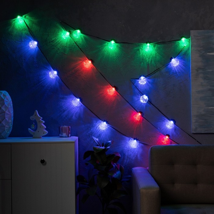 Умная гирлянда «Нить» 6 м с насадками «Рифленые шарики», IP20, тёмная нить, 20 LED, свечение RGB, USB Умная гирлянда «Нить» 6 м с насадками «Рифленые шарики», IP20, тёмная нить, 20 LED, свечение RGB, USB