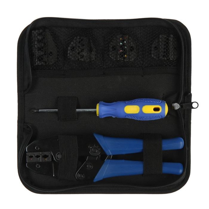 Пресс-клещи в сумке ТУНДРА, 5 матриц + отвертка, для опрессовки наконечников проводов Пресс-клещи в сумке ТУНДРА, 5 матриц + отвертка, для опрессовки наконечников проводов