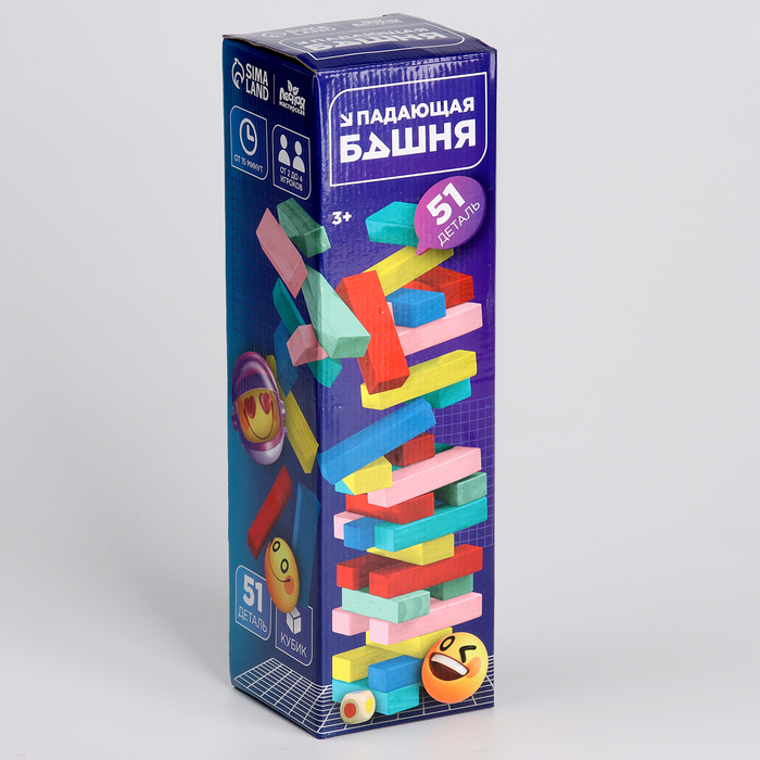 Игра настольная «Падающая башня цветная», 51 шт, 28,5 × 8,5 × 8 см Игра настольная «Падающая башня цветная», 51 шт, 28,5 × 8,5 × 8 см