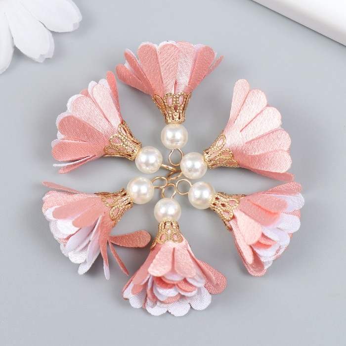 Декор текстиль Декор текстиль "Цветок 2 цвета с жемчужиной. Нежно-розовый и белый" набор 6 шт 3 см