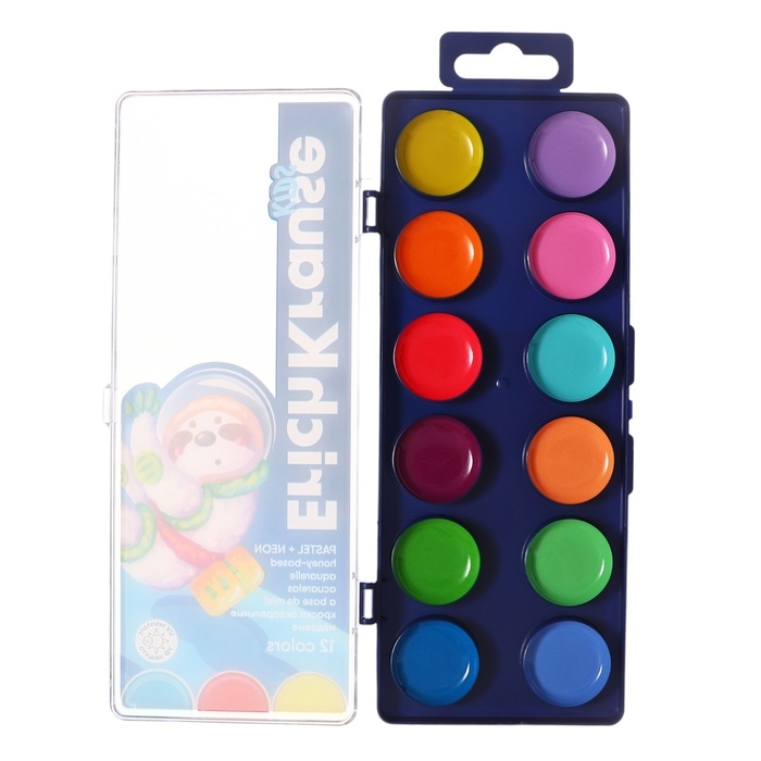 Акварель 12 цветов, ErichKrause Kids Space Animals Neon+Pastel, пластик, европодвес Акварель 12 цветов, ErichKrause Kids Space Animals Neon+Pastel, пластик, европодвес