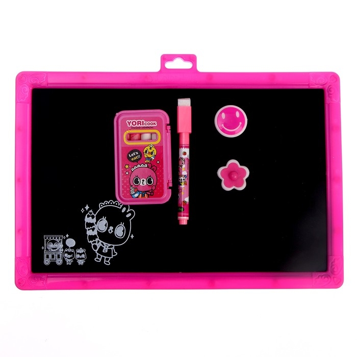 Доска магнитная двухсторонняя, под маркер и мел, мел 3 шт. в машинке, маркер, магниты 2 шт., цвет МИКС