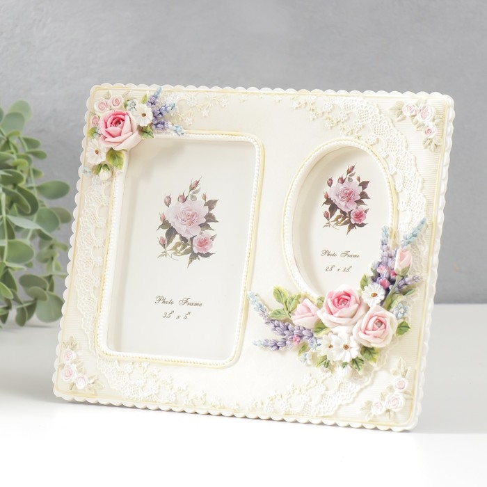 Фоторамка полистоун на 2 фото 6х9, 9х13 см  Фоторамка полистоун на 2 фото 6х9, 9х13 см "Кружево и букет с розами" стразы 17,5х21,5 см