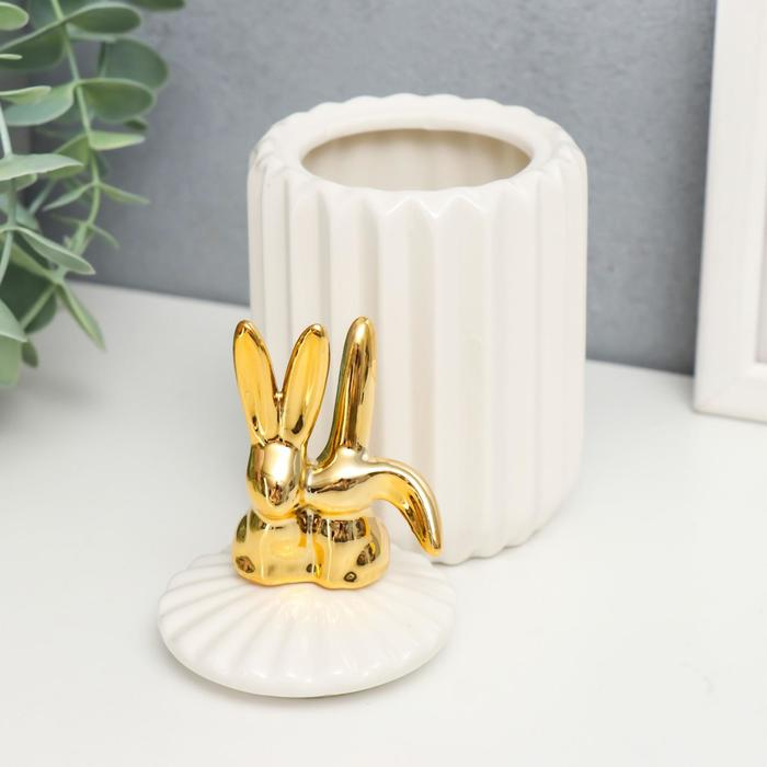 Шкатулка керамика Шкатулка керамика "Золотые зайчики" белая, гофре 15,5х7х7 см