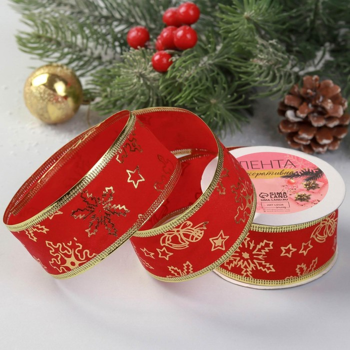 Лента бархатная с металлической нитью «Снежинки», 38 мм × 9 ± 0,5 м, цвет красный/золотой Лента бархатная с металлической нитью «Снежинки», 38 мм × 9 ± 0,5 м, цвет красный/золотой