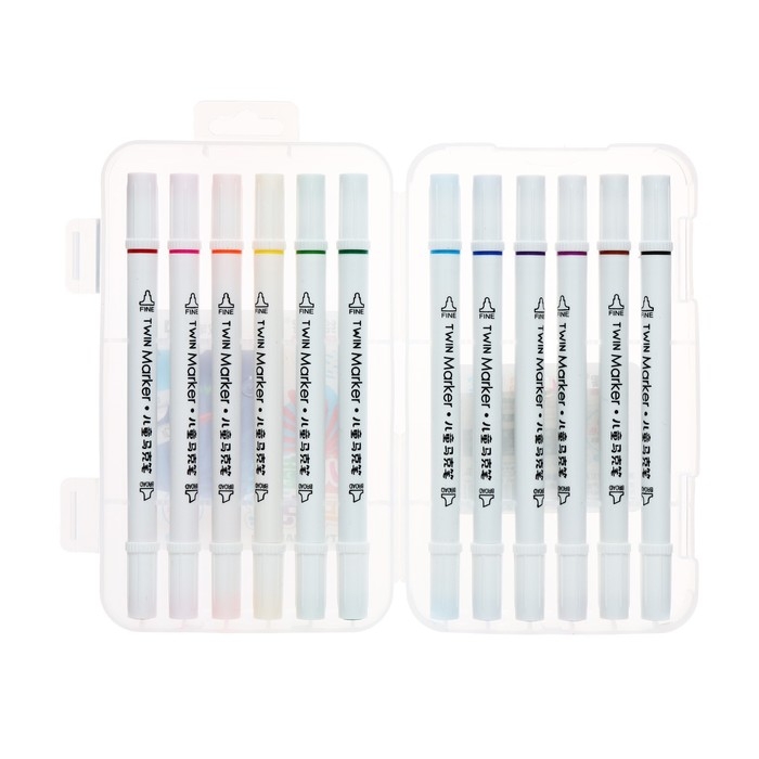 Набор маркеров, двусторонние, пулевидный и скошенный наконечники, 12 цветов Набор маркеров, двусторонние, пулевидный и скошенный наконечники, 12 цветов