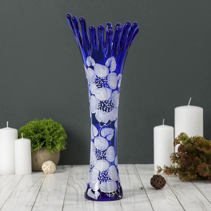Ваза  Ваза "Коралл" h 380 мм. из синего стекла (ручная роспись) рис. № 9 (Бел.)