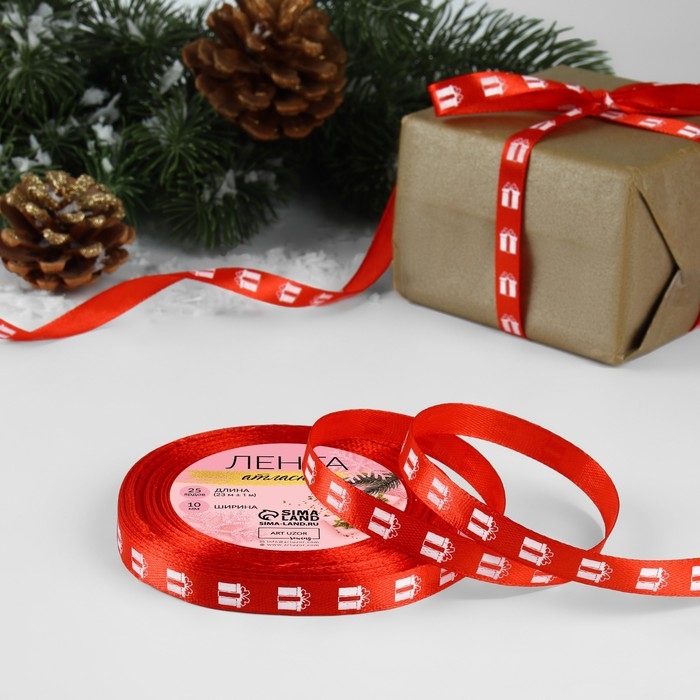 Новый год! Лента атласная «Подарки», 10 мм, 23 ± 1 м, цвет красный №26 Новый год! Лента атласная «Подарки», 10 мм, 23 ± 1 м, цвет красный №26