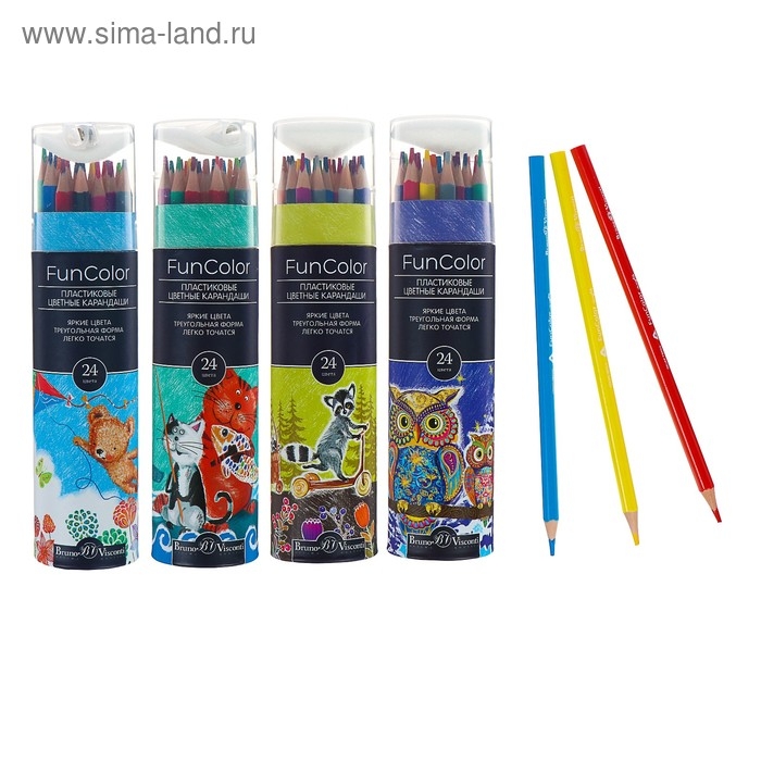 Карандаши цветные 24 цвета Funcolor пластиковые, в картонной тубе, МИКС Карандаши цветные 24 цвета Funcolor пластиковые, в картонной тубе, МИКС