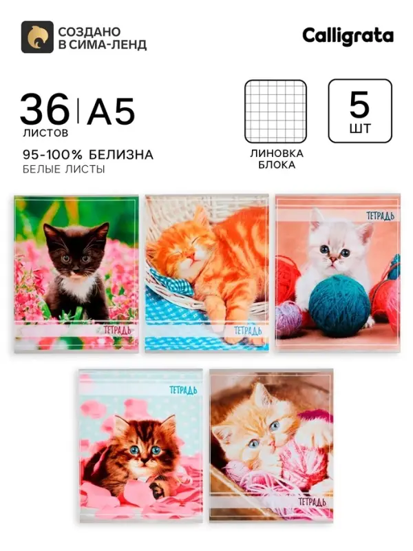 Тетради 5 штук, 36 листов в клетку Calligrata &laquo;Котята&raquo;, обложка мелованный картон, блок офсет