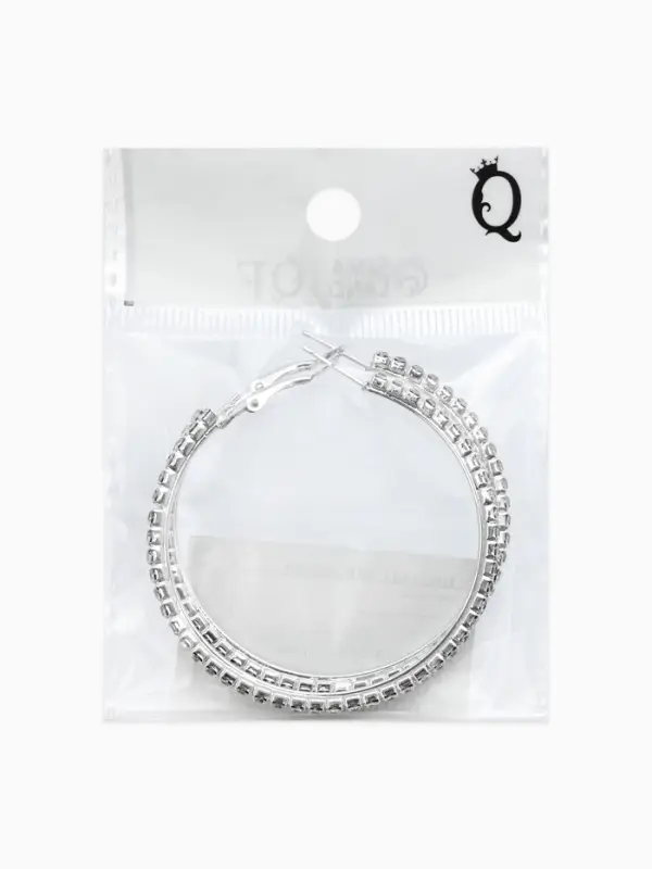 Серьги-кольца со стразами d=5.5 см, белые в серебре