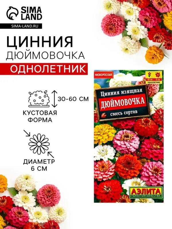 Семена цветов Цинния "Дюймовочка", смесь окрасок, О, 0,3 г