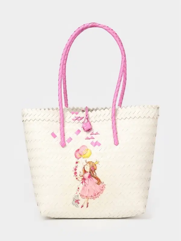 Сумка плетёная на застёжке &laquo;Девочка с букетом&raquo;, 40&times;10&times;55 см, пластик, бело-розовая