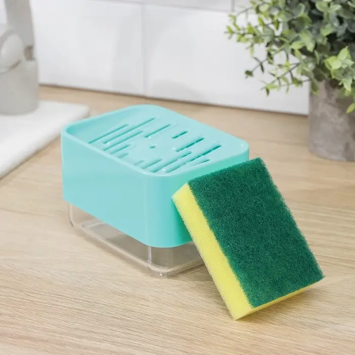 Дозатор для моющего средства с подставкой для губки, 250 мл, губка в комплекте, цвет бирюзовый Дозатор для моющего средства с подставкой для губки, 250 мл, губка в комплекте, цвет бирюзовый