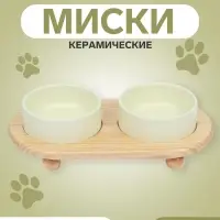 Миски двойные на подставке, 2&times;450 мл 28.5&times;15.5&times;7 см, керамика, светло-зелёные
