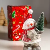 Сувенир керамика свет "Снеговик в серебристой шубке с ёлочкой" 9,5х7,5х14,5 см