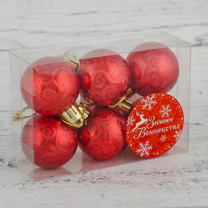 Набор шаров пластик d-4 см, 6 шт Набор шаров пластик d-4 см, 6 шт "Морозная зима" красный