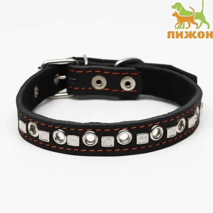 Ошейник украшенный, безразмерный, 47&times;2 см, ОШ 28-39 см, на синтепоне, кожа, чёрный