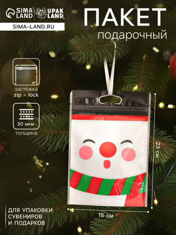 Пакет подарочный новогодний, с zip - lock застежкой, &laquo;Снеговик&raquo;, 15&times;23&plusmn;1 см