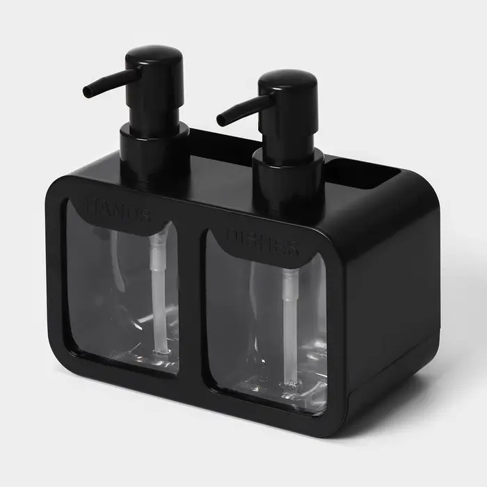 Двойной дозатор для мыла и моющего средства, с губкой в комплекте, по 300 мл, чёрный