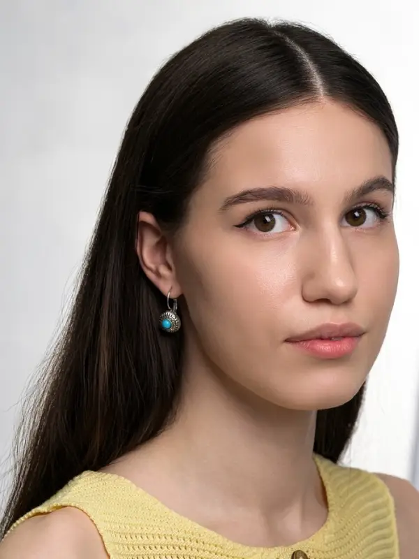 Серьги &laquo;Этника&raquo;, круг в узорах, голубые в чернёном серебре