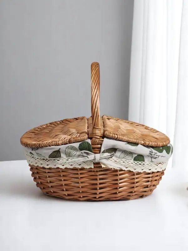 Плетёная корзина-лукошко, ткань внутри, 2 крышки, 33×25 см, Н 17/13 см, Н с ручкой 30 см, дно 23×16 см 1