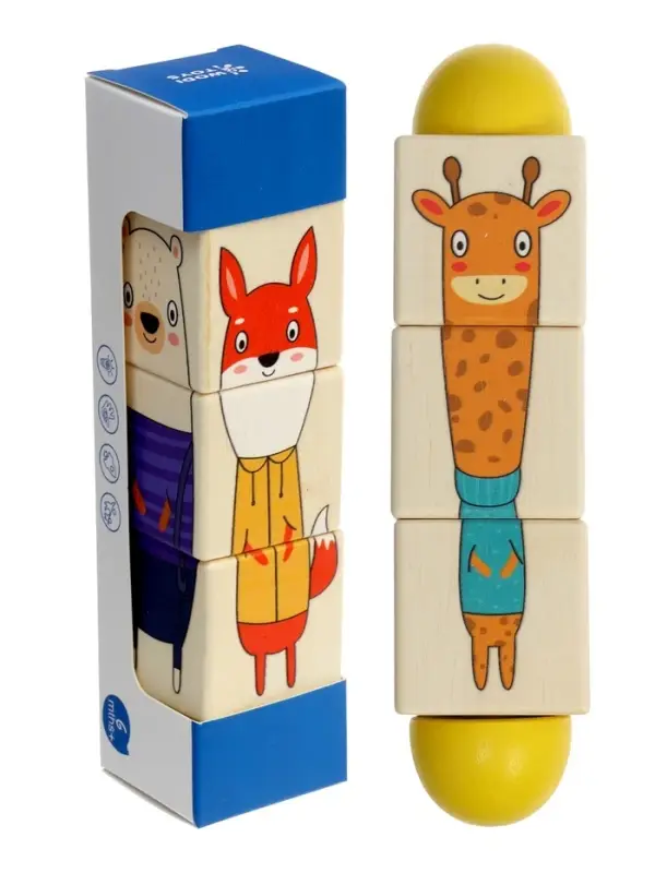 Кубики деревянные на оси &laquo;Животные&raquo;, 3 кубика