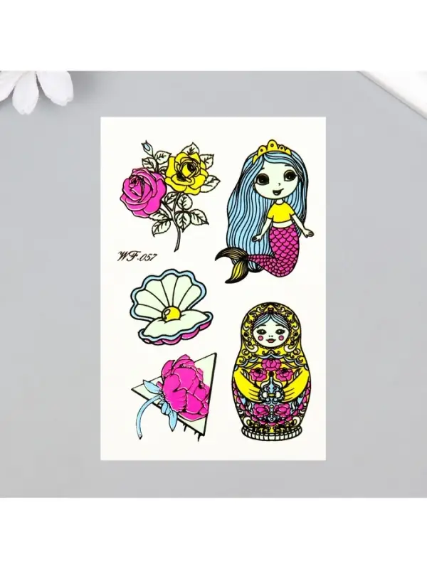Переводные тату на тело светящиеся цветные «Матрёшка и русалка», 14.3×7.5 см