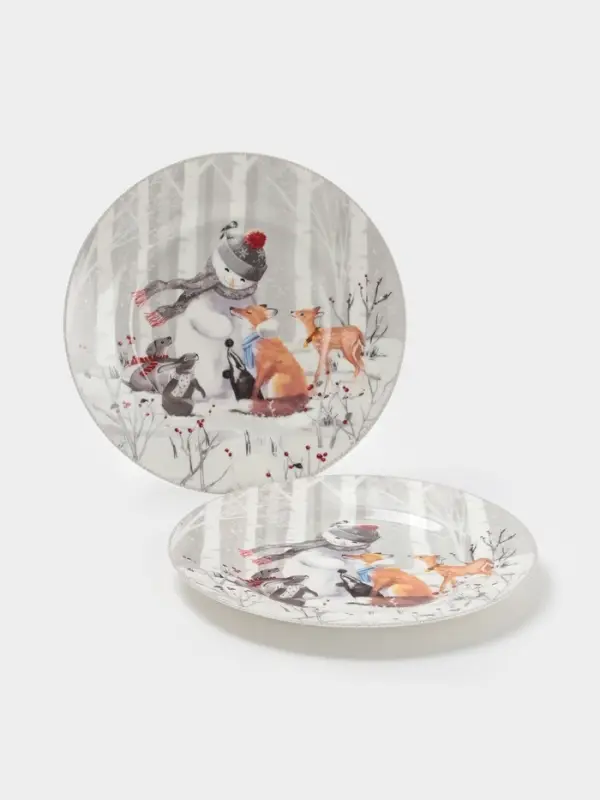 Набор тарелок новогодних «Снежные забавы», 2 шт., d=25.5 см, керамика, подарочная упаковка, белый Набор тарелок новогодних «Снежные забавы», 2 шт., d=25.5 см, керамика, подарочная упаковка, белый