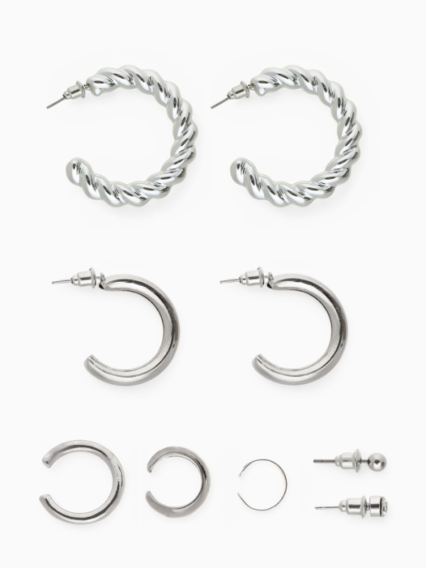 Набор серьги и каффы 9 шт. «Кольца» переплетение, цвет серебро