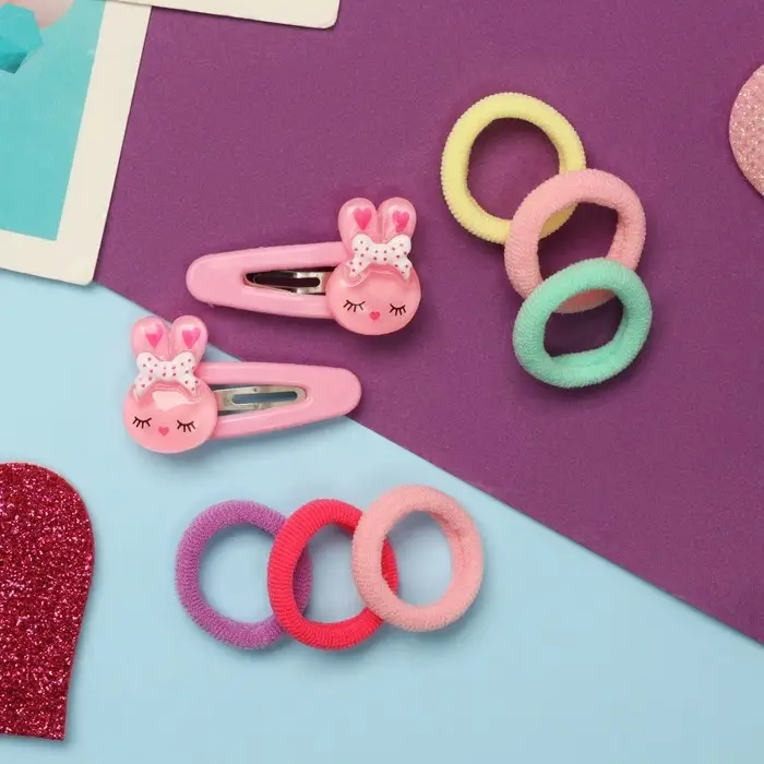 Набор для волос «Карамель», 10 резинок 1.5 см, 2 невидимки 3.5 см, зайки, розовый
