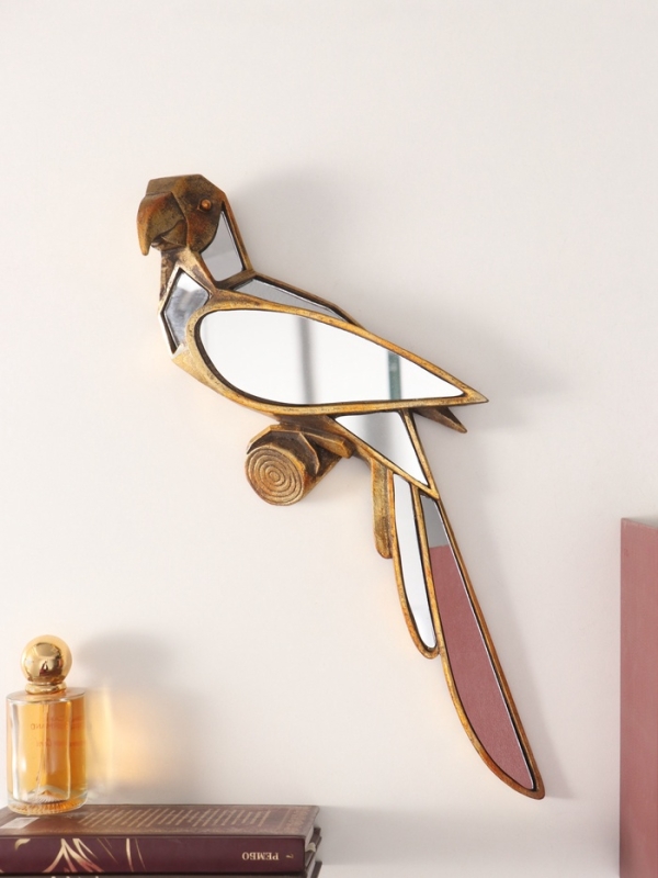 Панно интерьерное полистоун "Зеркальный попугай" золото 42,8х14х6 см