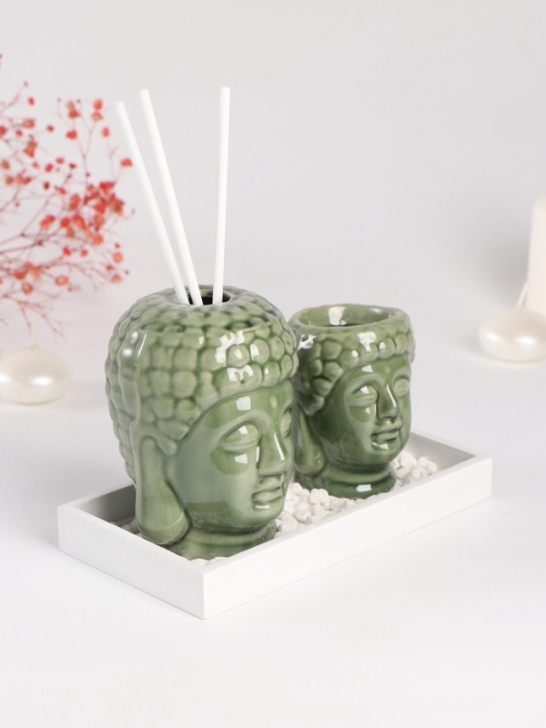 Диффузор керамика + подсвечник  Диффузор керамика + подсвечник "Будды" аромапалочки 3 шт 9х17х10,5 см