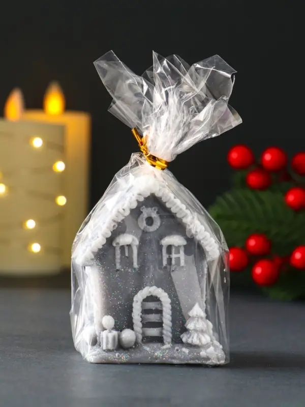 Свеча новогодняя "Домик с Ёлкой" 55х70 мм, серый