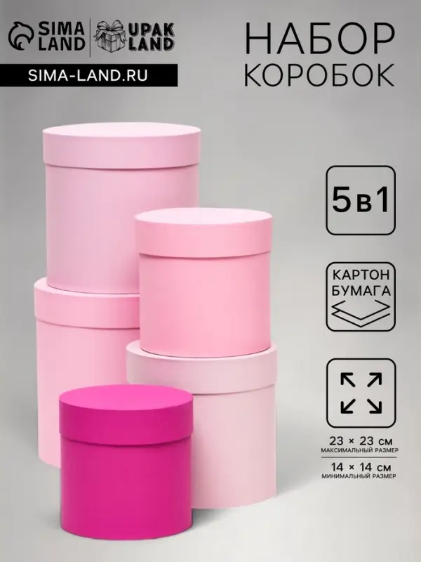 Набор шляпных подарочных коробок 5 в 1&laquo; Феерия&raquo;, розовый, 23&times;23 - 14&times;14 см