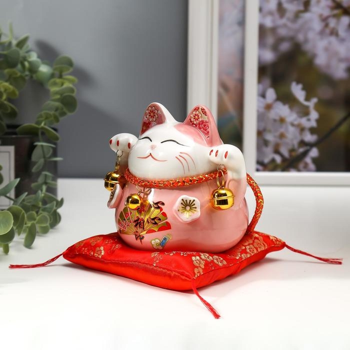Сувенир керамика копилка Сувенир керамика копилка "Розовый кот Манэки-нэко с колокольчиками" 11,5х11,5х9,5 см