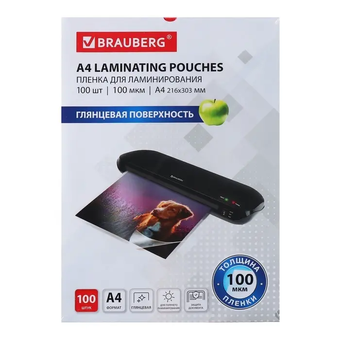 Пленка для ламинирования A4 216&times;303 мм, 100 мкм, 100 штук, глянцевые, BRAUBERG