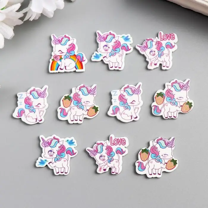 Декор для творчества дерево  Декор для творчества дерево "Единороги и радуга" набор 10 шт 2,2х2,4 см