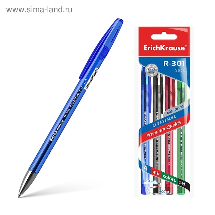 Набор ручек гелевых 4 штуки, ErichKrause R-301 ORIGINAL Gel, узел 0.5 мм, чернила микс, длина линии письма 600 метров, европодвес Набор ручек гелевых 4 штуки, ErichKrause R-301 ORIGINAL Gel, узел 0.5 мм, чернила микс, длина линии письма 600 метров, европодвес