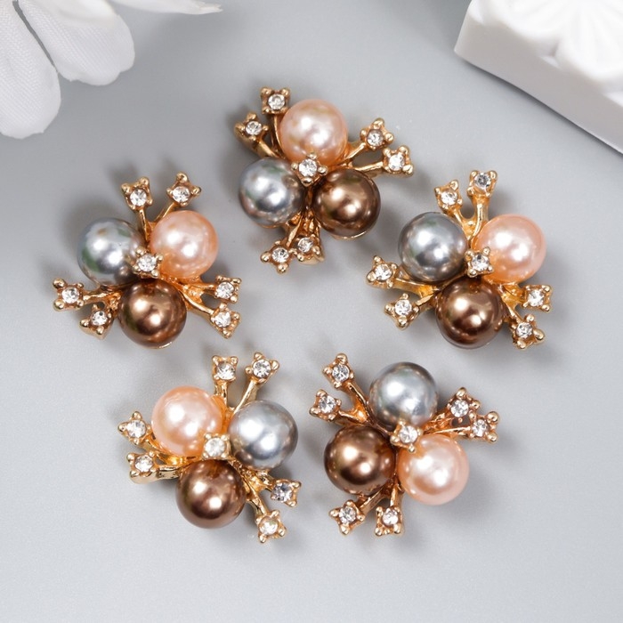 Декор для творчества металл Декор для творчества металл "3 жемчужины со стразами" серебристо-персик. набор 5 шт 2х2 см